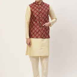 Jompers Men Cream-Coloured Ethnic Motifs Kurta with Pyjamas & Nehru Jacket-21