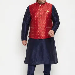 VASTRAMAY Men Navy Blue & Maroon Woven Designed Straight Kurta with Churidar & Jacket-25