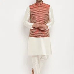 VASTRAMAY Mandarin Collar Kurta with Pyjamas With Woven Design Nehru Jacket-8