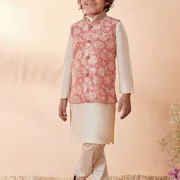 Manyavar Boys Kurta with Pyjamas & Printed Nehru Jacket-image-22