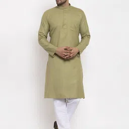 KRAFT INDIA Men Green & White Solid Cotton Blend Regular Kurta With Pyjamas-image-50