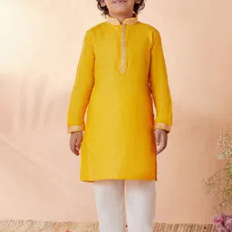 Manyavar Boys Yellow Solid Thread Work Kurta with Pyjamas-13