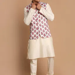VASTRAMAY Men Solid Straight Kurta with Churidar & With Printed Nehru Jacket-26