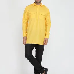ROYAL KURTA Men Yellow Pure Cotton Kurti with Pyjamas-image-77