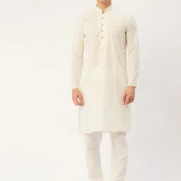 Jompers Men Cream-Coloured Chikankari Pure Cotton Kurta with Pyjamas-picture-54