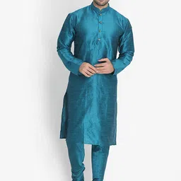 ROYAL KURTA Men Blue Pleated Dupion Silk Kurta with Churidar Pant-image-81