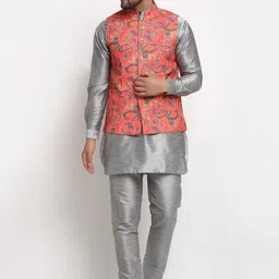 Benstoke Men Grey Dupion Silk Kurta with Trousers & Nehru Jacket-picture-58