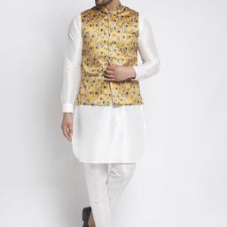 Kaifoo Men White Floral Angrakha Kurta with Pyjamas and Nehru Jacket-44