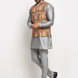 Benstoke Men Grey Printed Dupion Silk Kurti with Pyjamas and Nehru Jacket image 2