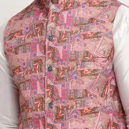 Benstoke Men White & Peach Ethnic Printed Dupion Silk Kurta & Pyjamas with Nehru Jacket image 2