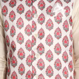 VASTRAMAY Men Solid Straight Kurta with Churidar & With Printed Nehru Jacket image 2