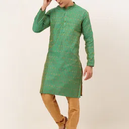 Jompers Men Green Embroidered Thread Work Silk Kurta with Cotton Pyjamas image 2