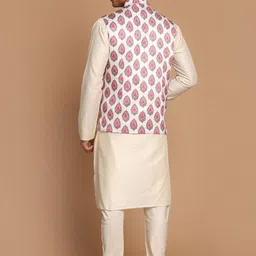 VASTRAMAY Men Solid Straight Kurta with Churidar & With Printed Nehru Jacket image 4