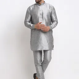 Benstoke Men's Grey Dupion Silk Kurta with Pyjamas & Nehru Jacket image 3