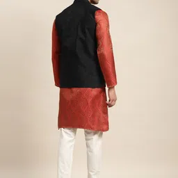 SOJANYA Men Red Ethnic Motifs Mirror Work Kurta with Pyjamas image 3