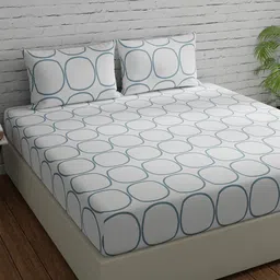 Huesland White & Grey Geometric Fitted Cotton 144 TC Double Queen Bedsheet Set-image-25