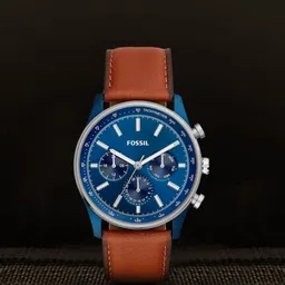Fossil Men Blue Dial & Brown Leather Straps Analogue Watch BQ2512I-41