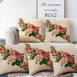 AEROHAVEN Beige & Pink Set of 5 Floral Printed Square Cushion Covers-2