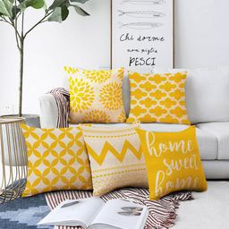 AEROHAVEN Beige & Mustard Set of 5 Digital Printed Geometric Square Cushion Covers-7