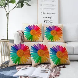 AEROHAVEN Beige & Multicoloured Set of 5 Digital Printed Floral Square Cushion Covers-17