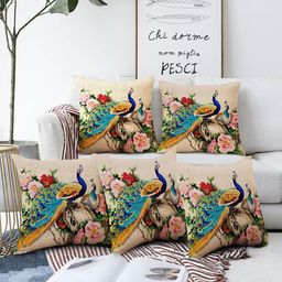 AEROHAVEN Multicoloured Set of 5 Digital Printed Peacock Floral Square Cushion Covers-13