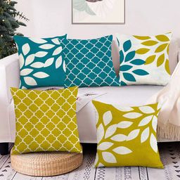 AEROHAVEN Green & Yellow Set of 5 Floral Printed Velvet Square Cushion Covers-4