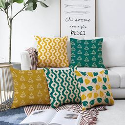 AEROHAVEN Green & Yellow 5 Pieces Geometric Square Cushion Covers-14