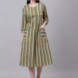KALINI Lime Green & Grey Chevron Screen Printed Cotton Ethnic A-Line Midi Dress-picture-15