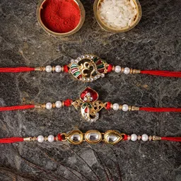 Sukkhi Rakhi Men Set Of 3 Gold-Plated Stone-Studded Beaded Rakhi With Roli Chawal & Greeting Card-image-67