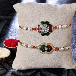 Sukkhi Rakhi Set Of 2 Gold-Plated Rakhi With Roli, Rice & Greeting Card-image-64