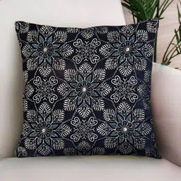 NISRAG HOME Blue & Gold Toned Floral Velvet Square Cushion Cover-46