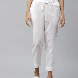 akheri Women White Slim Fit Chikankari Embroidered Detail Regular Trousers-image-65