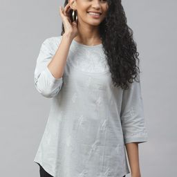 akheri Women Grey Chikankari Embroidered Pure Cotton Top-image-79