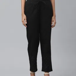 akheri Women Black Tapered Fit Mukaish Work Chikankari Detail Regular Trousers-image-68