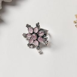 TEEJH Oxidized Silver-Plated Pink Stone-Studded Adjustable Finger Ring-4