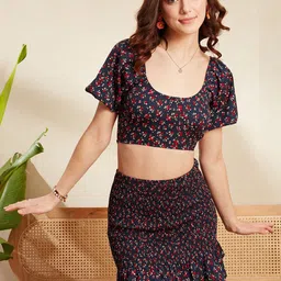 Berrylush Navy Blue & Red Floral Printed Crop Top with Skirt-image-77