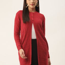 BROOWL Women Self-Design Red Longline Cardigan-10
