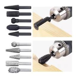 5-Piece Burr Drill Bit Set, Rasp Chisel Bit 1/4" 6mm Shank, Woodworking Carving Rotary Cutting Tools, Black image 4