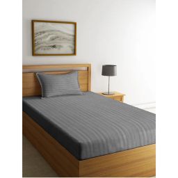 HOSTA HOMES Grey Striped 260 TC Cotton 1 Bedsheet with 1 Pillow Cover (Single)-picture-4