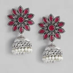 AITIHYA Silver-Plated Stones-Studded & Beaded Teardrop Shaped Oxidised Jhumkas Earrings-34