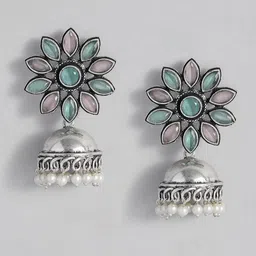 AITIHYA Silver-Plated Stones-Studded & Beaded Teardrop Shaped Oxidised Jhumkas Earrings-9