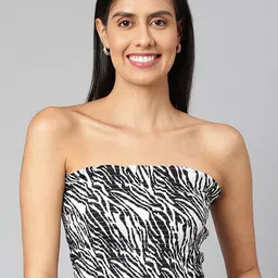 FINSBURY LONDON Black Animal Print Smocked Tube Crop Top-image-33