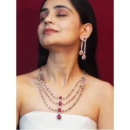 Niscka Triple Layered Red and White American Diamond Necklace and Earrings-picture-49
