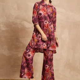 all about you Purple & Orange Floral Printed Pure Cotton Shirt Collar Tunic & Trousers-image-2