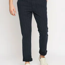 Basics Men Navy Blue Striped Tapered Fit Trousers-image-97