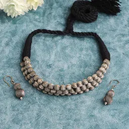 VENI Silver-Plated Oxidized Beads Choker Necklace With Earrings-53