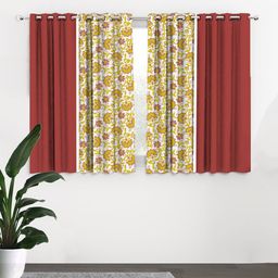 HOUZZCODE Yellow & Maroon Set of 4 Floral Black Out Window Curtain-3