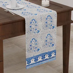 BLOCKS OF INDIA Blue Floral Printed Canvas Table Runner-35