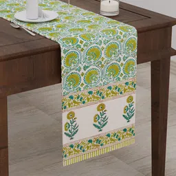 BLOCKS OF INDIA Green Floral Printed Canvas Table Runner-image-2