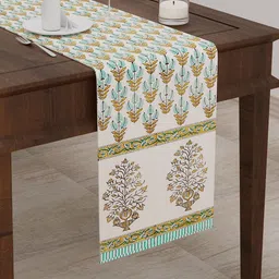 BLOCKS OF INDIA Brown & Sea Green Floral Printed Canvas Table Runner-51